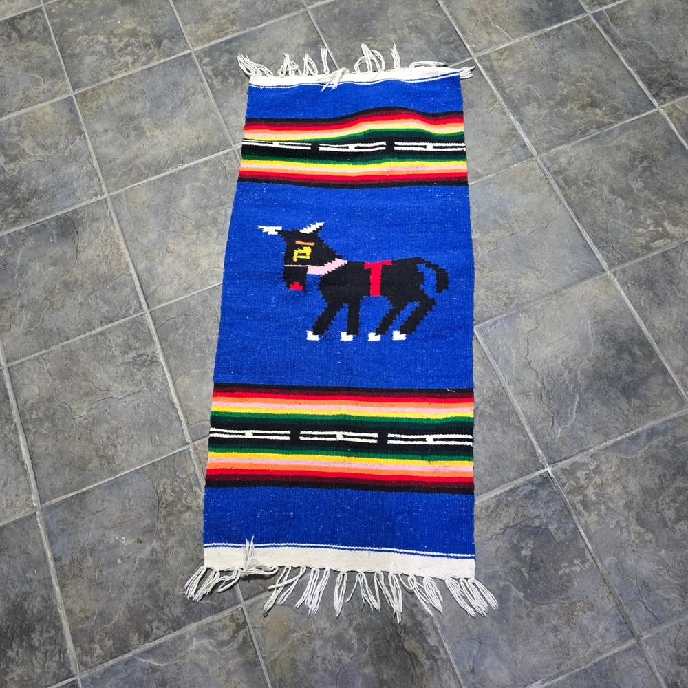 Unbranded Mexican Serape Rug Unisex OS Blue Woven Donkey Motif Fringe Blanket